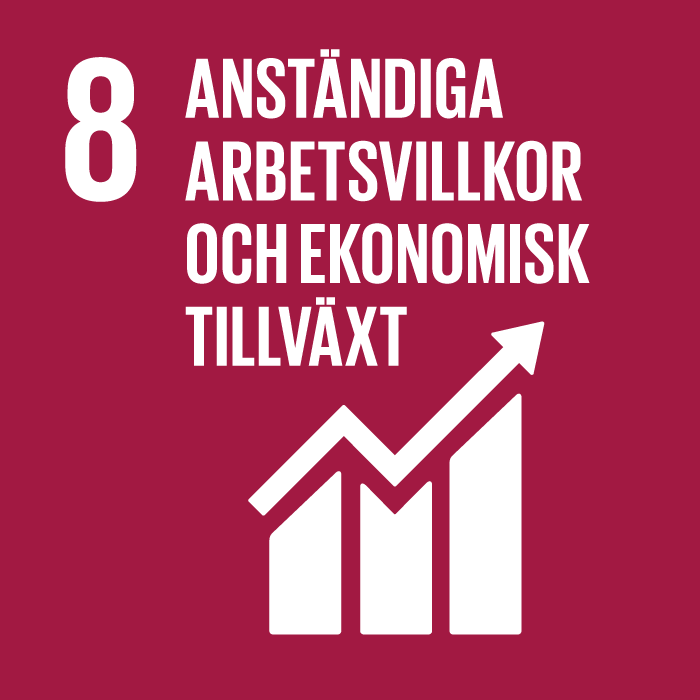 De globala målen nr 8 Verka för varaktig, inkluderande och hållbar ekonomisk tillväxt, full och produktiv sysselsättning med anständiga arbetsvillkor för alla