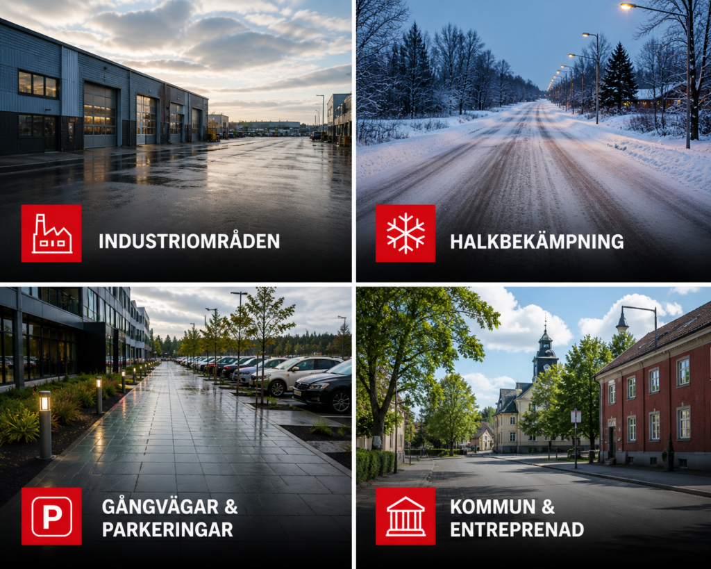 användningsområden för sandspridare dessa inkluderar industriområden, halkbekämpning, gångvägar, parkeringar och kommunens vägar.