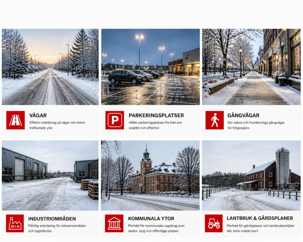 vägar, parkeringsplatser, gångvägar, industriområde, kommunala ytor, lantbruk och gårdsplaner